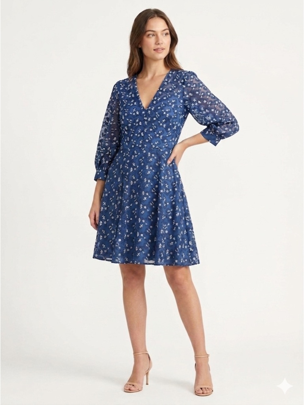 Lela Rose Holly Dress V-Neck 3/4 Sleeve Floral Mesh Blue Size 4